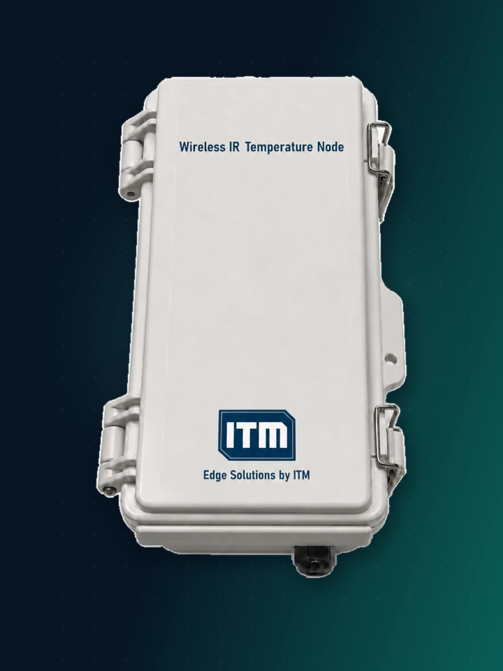 ITM Wireless IR Temperature Node — a light grey sealed enclosure labelled Wireless IR Temperature Node, with two hinges on the left, two stainless steel latches on the right and a black cable gland on the bottom edge