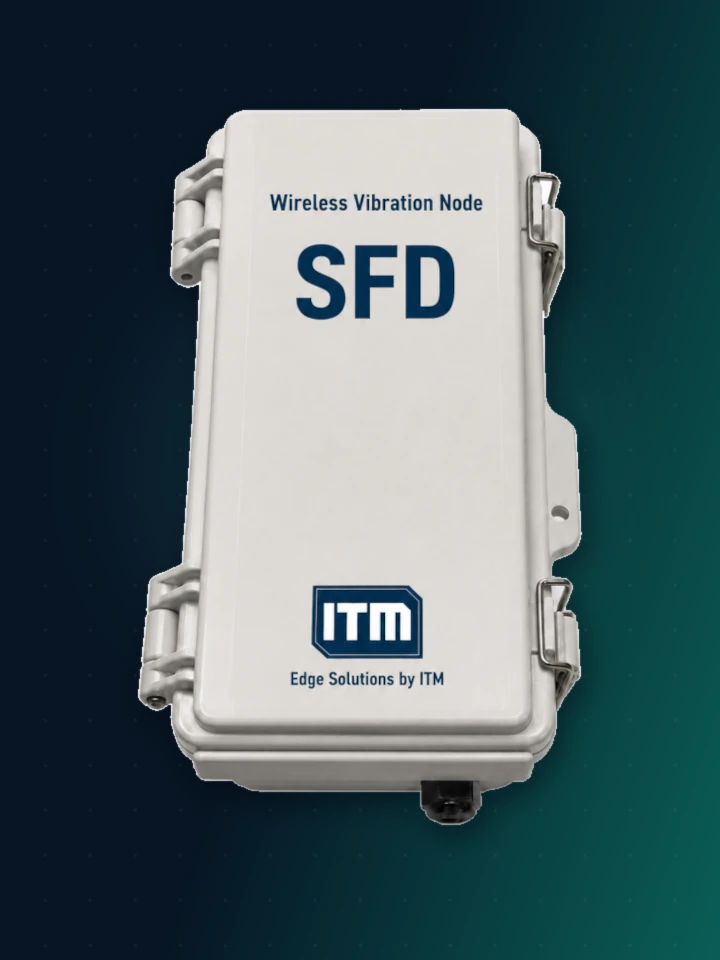 ITM Wireless Vibration Node SFD — a light grey sealed enclosure labelled Wireless Vibration Node SFD, with two hinges on the left, two stainless steel latches on the right and a black cable gland on the bottom edge